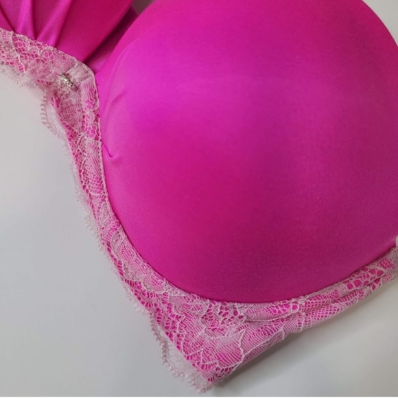 Victoria's Secret Push-Up Strapless Hot Pink Jewel Lace Underwire Ivory 32D Bra - Picture 3 of 12
